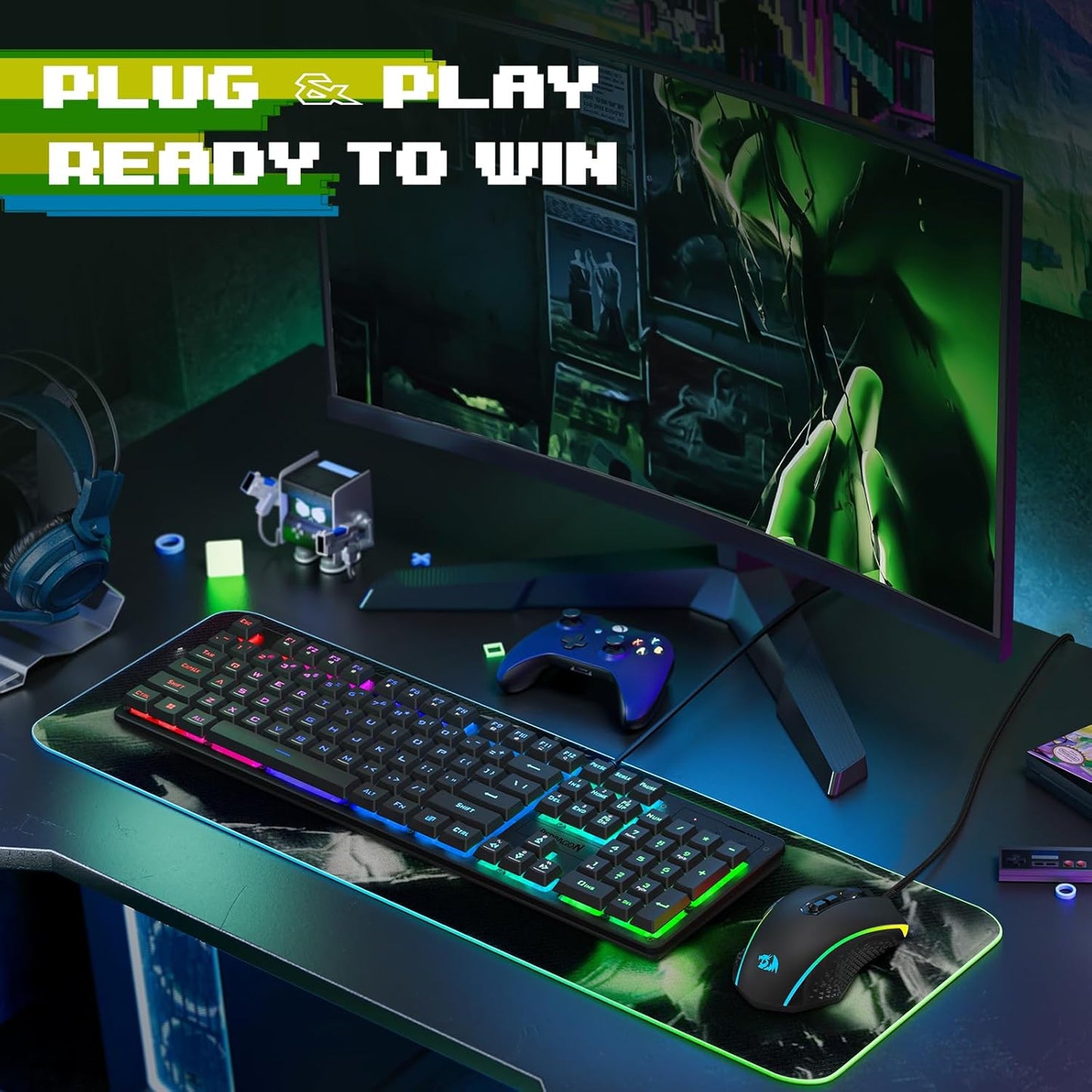 Redragon Updated S107 Gaming Keyboard and Mouse, RGB Gaming Keyboard and 10000 DPI Mouse Combo with 25-Key Anti-Ghosting