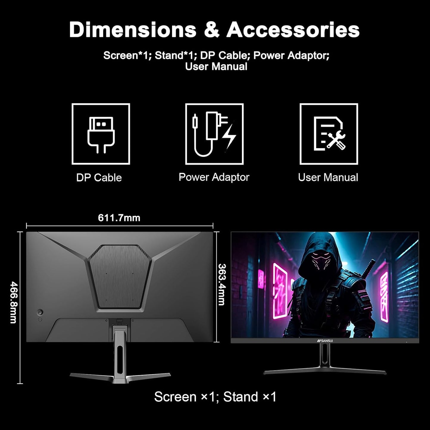 SANSUI 27 Inch WQHD 2560 x 1440 IPS Gaming Monitor, 180Hz 1ms Computer Monitor, DP 1.2 x2 | HDMI 2.0 x2 (DP Cable Included)