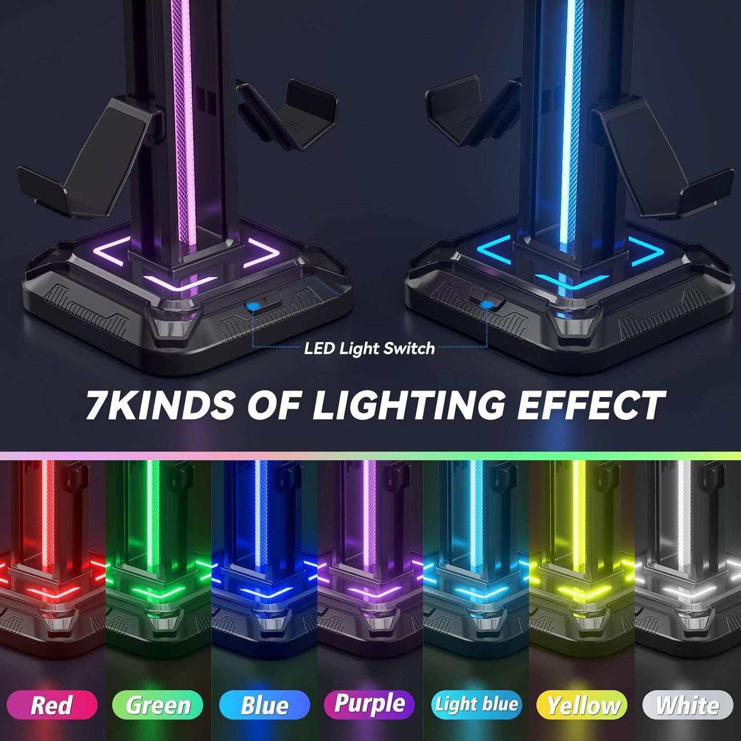 KDD RGB Headset Stand with 9 Light Modes - Controller Holder for Desk - Rotatable Headphone Stand & Detachable Controller Hook for PC Earphone Accessories