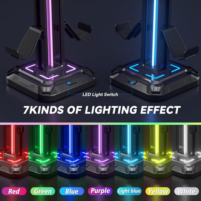 KDD RGB Headset Stand with 9 Light Modes - Controller Holder for Desk - Rotatable Headphone Stand & Detachable Controller Hook for PC Earphone Accessories