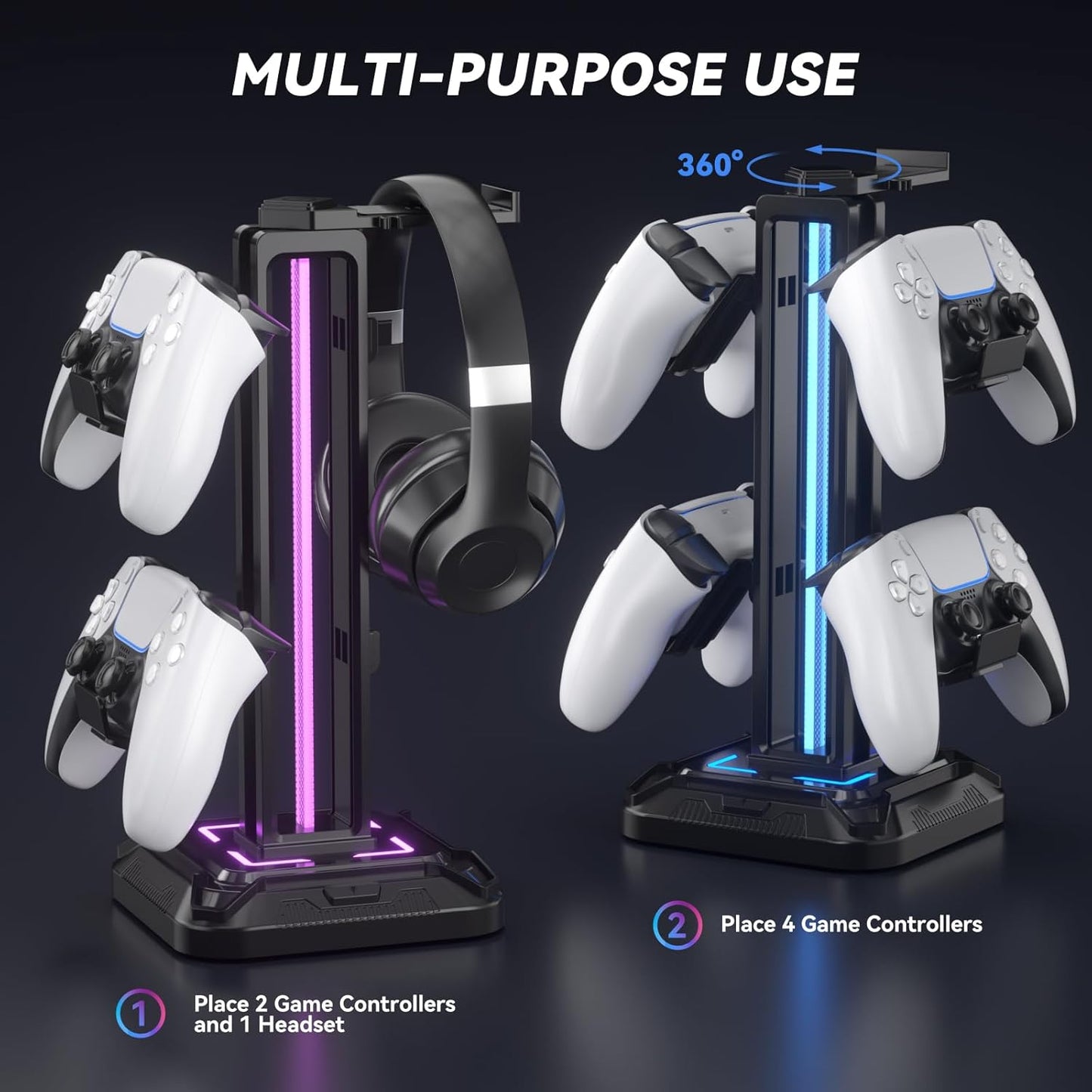 KDD RGB Headset Stand with 9 Light Modes - Controller Holder for Desk - Rotatable Headphone Stand & Detachable Controller Hook for PC Earphone Accessories