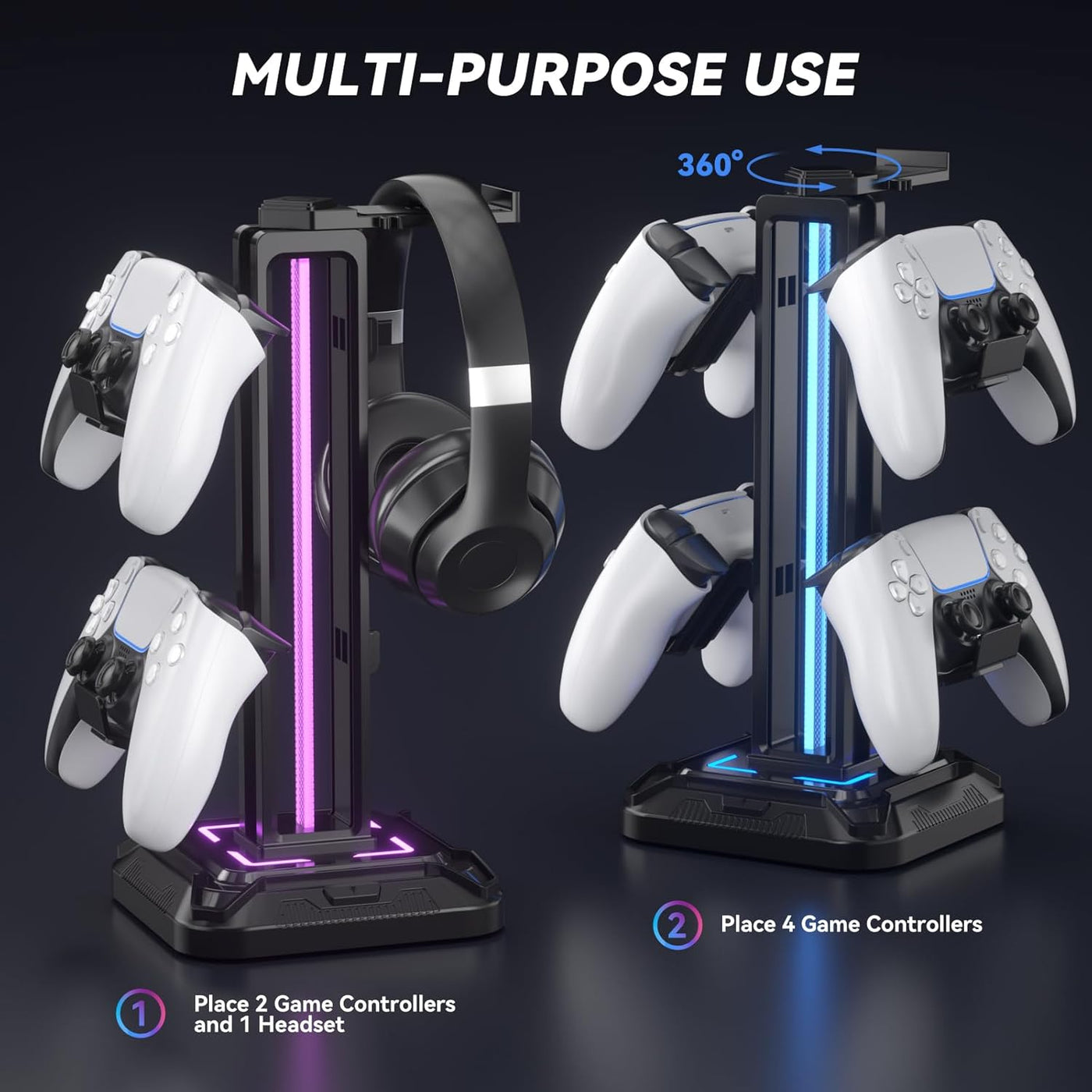 KDD RGB Headset Stand with 9 Light Modes - Controller Holder for Desk - Rotatable Headphone Stand & Detachable Controller Hook for PC Earphone Accessories