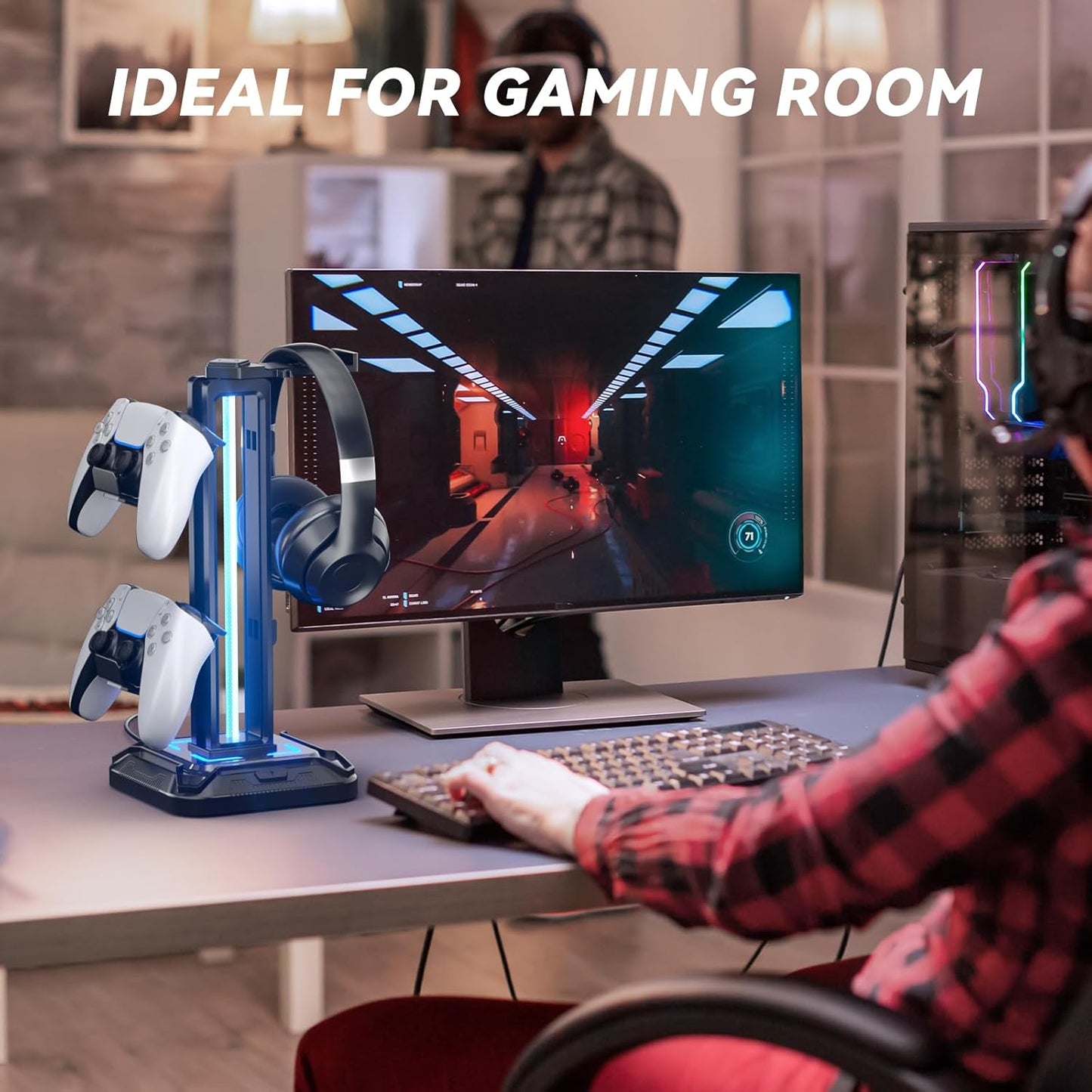 KDD RGB Headset Stand with 9 Light Modes - Controller Holder for Desk - Rotatable Headphone Stand & Detachable Controller Hook for PC Earphone Accessories