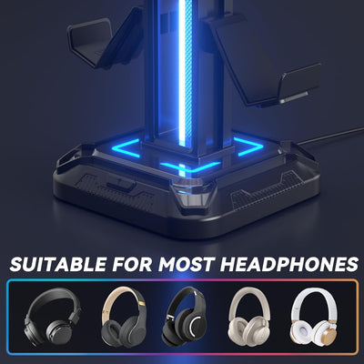 KDD RGB Headset Stand with 9 Light Modes - Controller Holder for Desk - Rotatable Headphone Stand & Detachable Controller Hook for PC Earphone Accessories