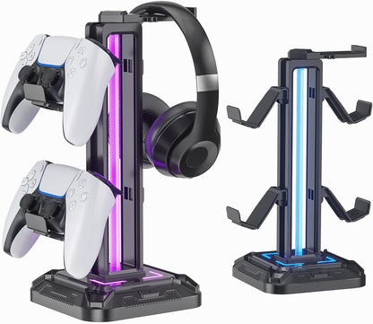 KDD RGB Headset Stand with 9 Light Modes - Controller Holder for Desk - Rotatable Headphone Stand & Detachable Controller Hook for PC Earphone Accessories