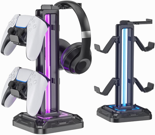 KDD RGB Headset Stand with 9 Light Modes - Controller Holder for Desk - Rotatable Headphone Stand & Detachable Controller Hook for PC Earphone Accessories