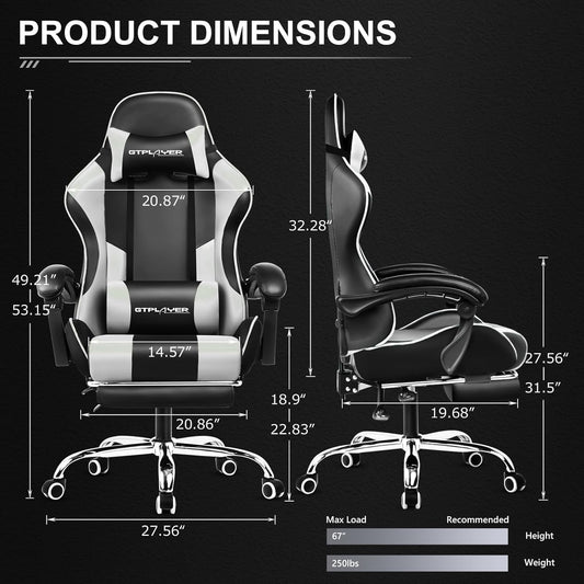 GTPLAYER Gaming Chair, Computer Chair with Footrest and Lumbar Support, Height Adjustable Game Chair with 360°-Swivel Seat and Headrest and for Office or Gaming