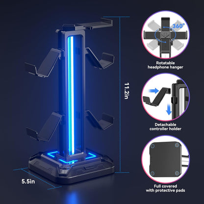 KDD RGB Headset Stand with 9 Light Modes - Controller Holder for Desk - Rotatable Headphone Stand & Detachable Controller Hook for PC Earphone Accessories