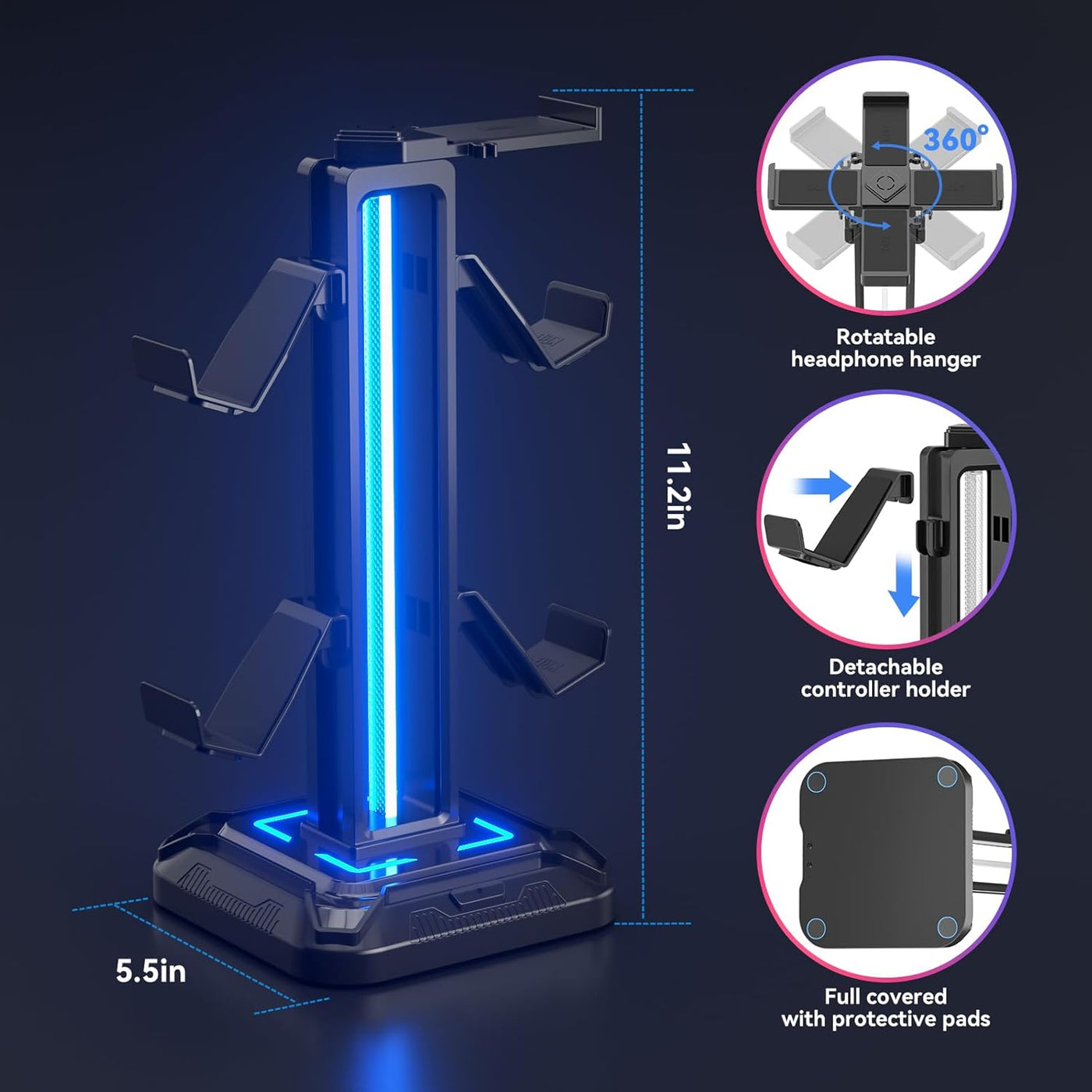 KDD RGB Headset Stand with 9 Light Modes - Controller Holder for Desk - Rotatable Headphone Stand & Detachable Controller Hook for PC Earphone Accessories