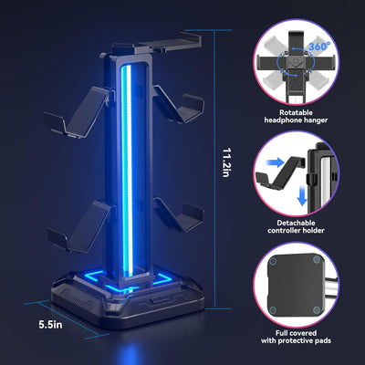 KDD RGB Headset Stand with 9 Light Modes - Controller Holder for Desk - Rotatable Headphone Stand & Detachable Controller Hook for PC Earphone Accessories