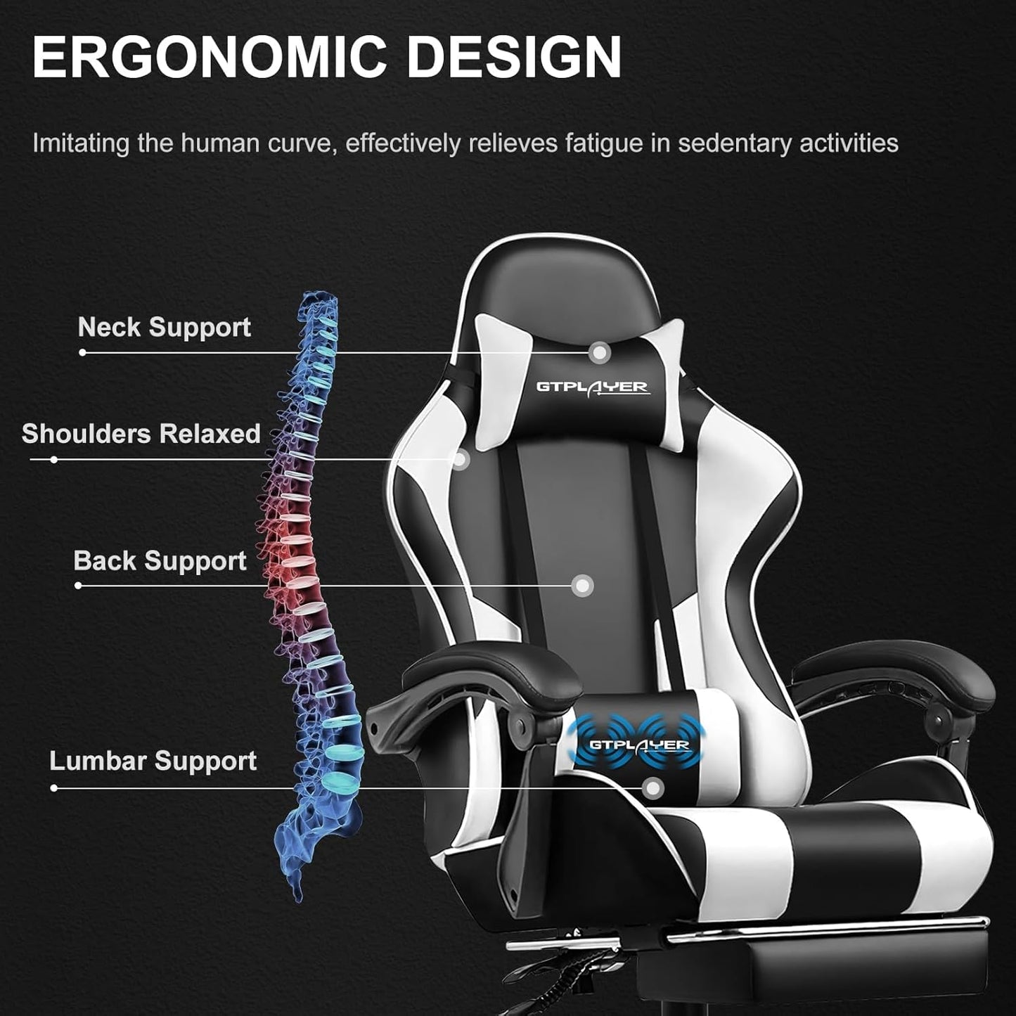 GTPLAYER Gaming Chair, Computer Chair with Footrest and Lumbar Support, Height Adjustable Game Chair with 360°-Swivel Seat and Headrest and for Office or Gaming