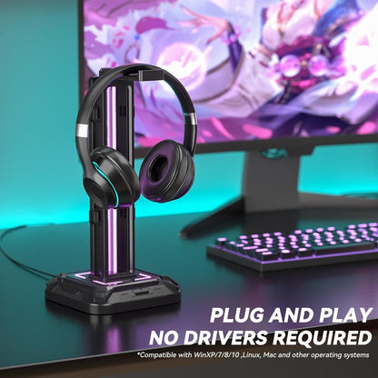KDD RGB Headset Stand with 9 Light Modes - Controller Holder for Desk - Rotatable Headphone Stand & Detachable Controller Hook for PC Earphone Accessories
