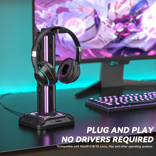 KDD RGB Headset Stand with 9 Light Modes - Controller Holder for Desk - Rotatable Headphone Stand & Detachable Controller Hook for PC Earphone Accessories