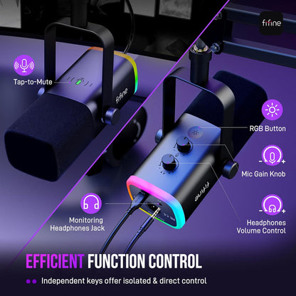 FIFINE XLR/USB Gaming Microphone Set, Dynamic PC Mic for Streaming Podcasting, Computer RGB Mic Kit with Boom Arm Stand, Mute Button, Headphones Jack, for Recording Vocal Voice-Over-AmpliGame AM8T