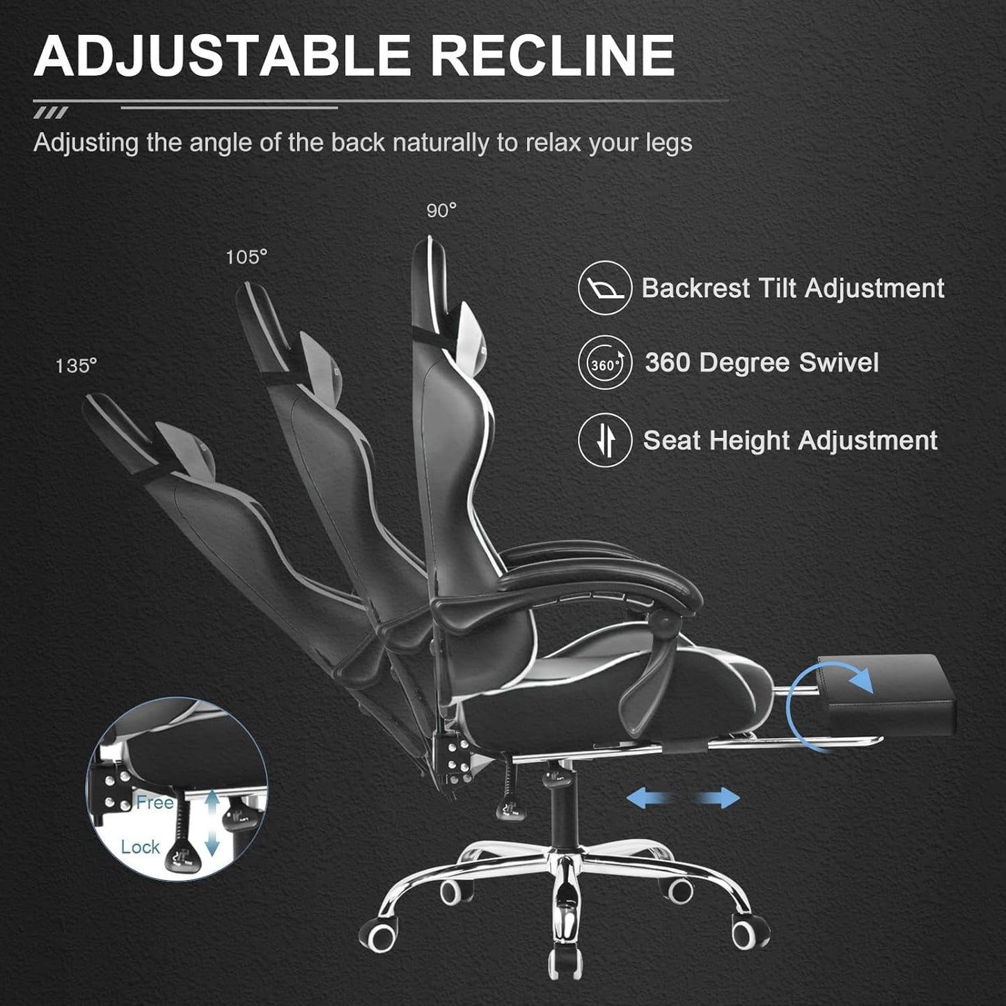 GTPLAYER Gaming Chair, Computer Chair with Footrest and Lumbar Support, Height Adjustable Game Chair with 360°-Swivel Seat and Headrest and for Office or Gaming