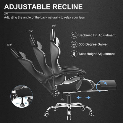 GTPLAYER Gaming Chair, Computer Chair with Footrest and Lumbar Support, Height Adjustable Game Chair with 360°-Swivel Seat and Headrest and for Office or Gaming