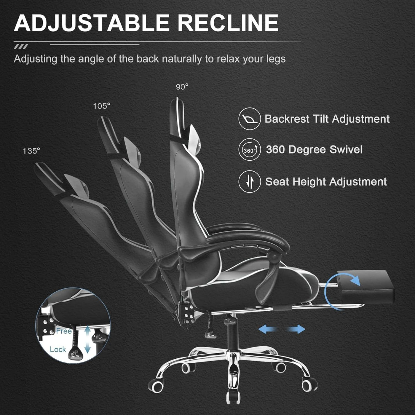 GTPLAYER Gaming Chair, Computer Chair with Footrest and Lumbar Support, Height Adjustable Game Chair with 360°-Swivel Seat and Headrest and for Office or Gaming